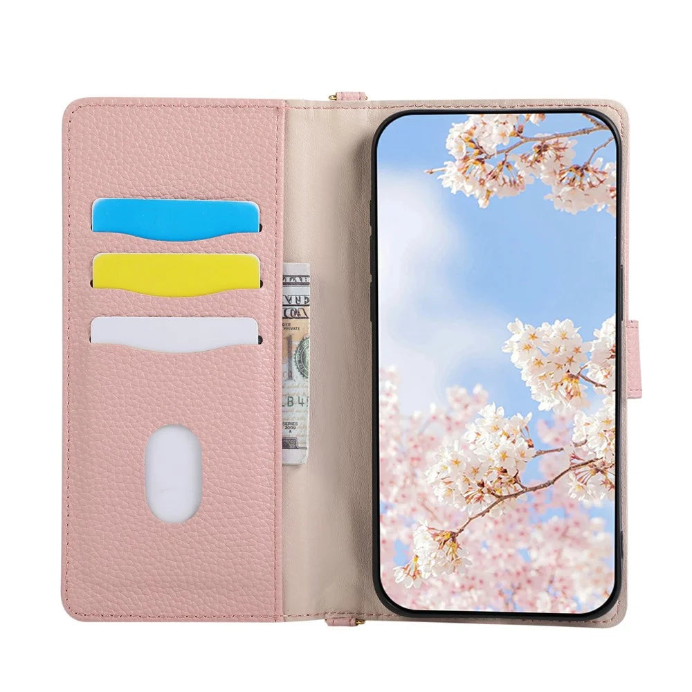 For iPhone 16 Wallet Case Triangular Splicing Zipper Leather Flip Cover with Wrist Strap - Pink - 2