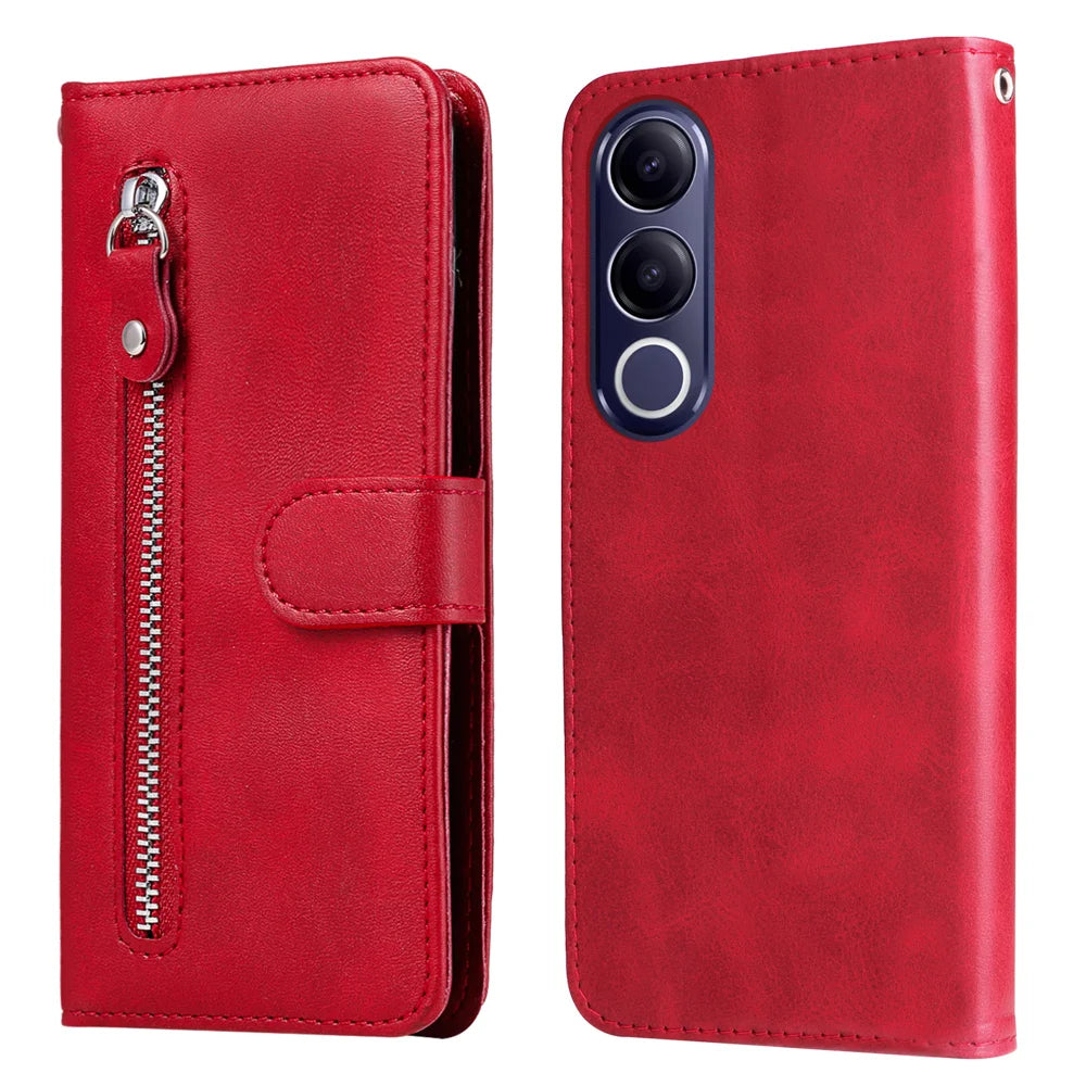 For vivo V70 FE 5G PU Leather Cases with Zipper Pocket Wallet Phone Cover Stand - Red - 1