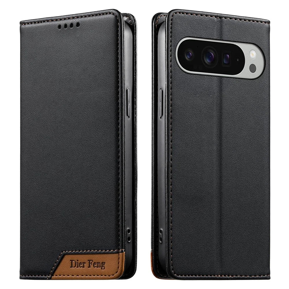 DIERFENG DF-018 for Google Pixel 10 Pro XL Case RFID Blocking Wallet Leather Phone Cover with Color Splicing Logo Corner - Black - 1