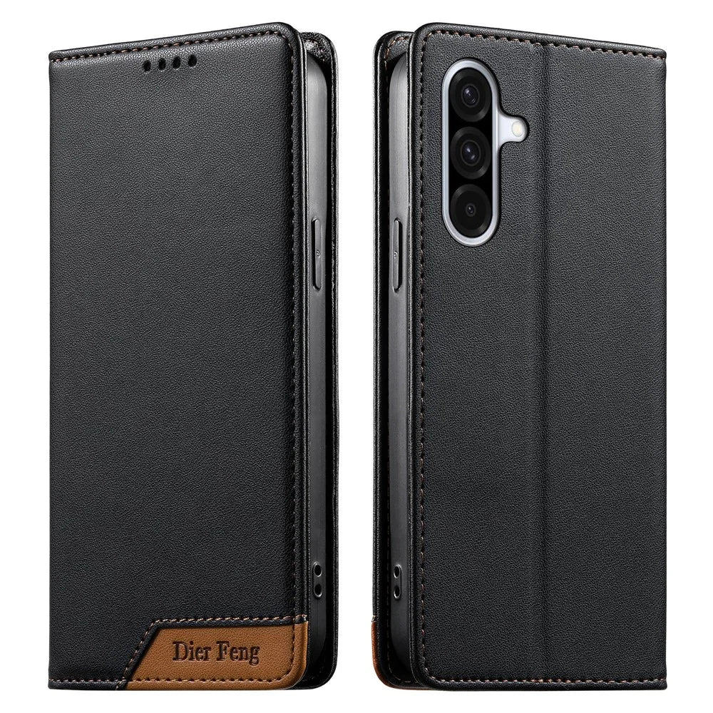 DIERFENG DF-018 for Samsung Galaxy A36 5G Case RFID Blocking Wallet Leather Phone Cover with Color Splicing Logo Corner - Black - 1