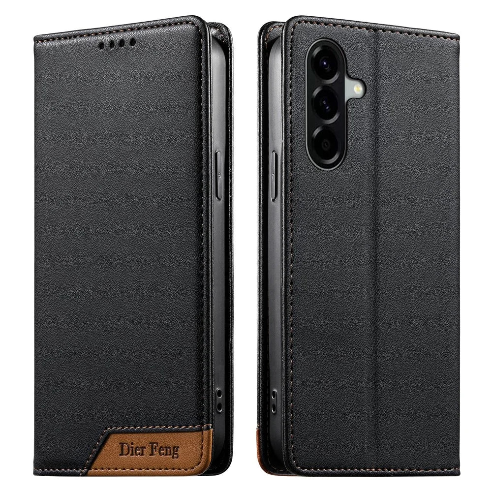DIERFENG DF-018 for Samsung Galaxy A56 5G Case RFID Blocking Wallet Leather Phone Cover with Color Splicing Logo Corner - Black - 1