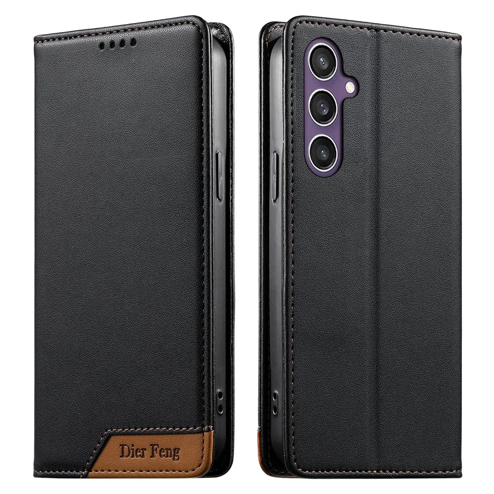 DIERFENG DF-018 for Samsung Galaxy S25  /  S24 Case RFID Blocking Wallet Leather Phone Cover with Color Splicing Logo Corner - Black - 1