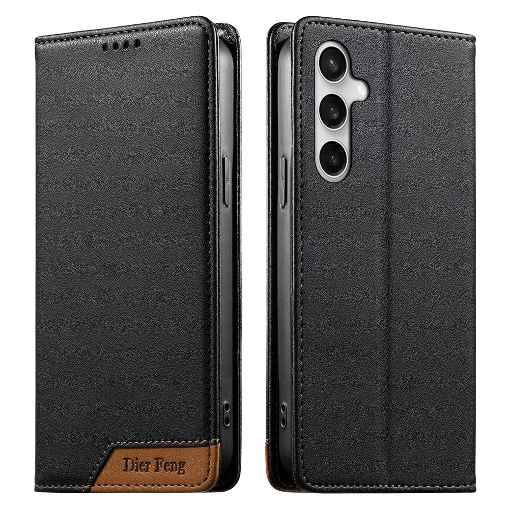 DIERFENG DF-018 for Samsung Galaxy S25 FE Case RFID Blocking Wallet Leather Phone Cover with Color Splicing Logo Corner - Black - 1