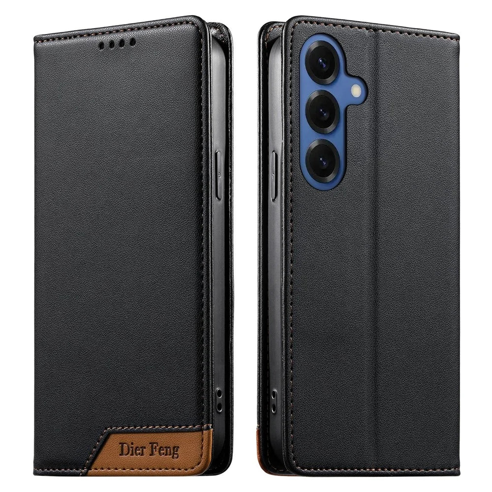 DIERFENG DF-018 for Samsung Galaxy S26 Case RFID Blocking Wallet Leather Phone Cover with Color Splicing Logo Corner - Black - 1