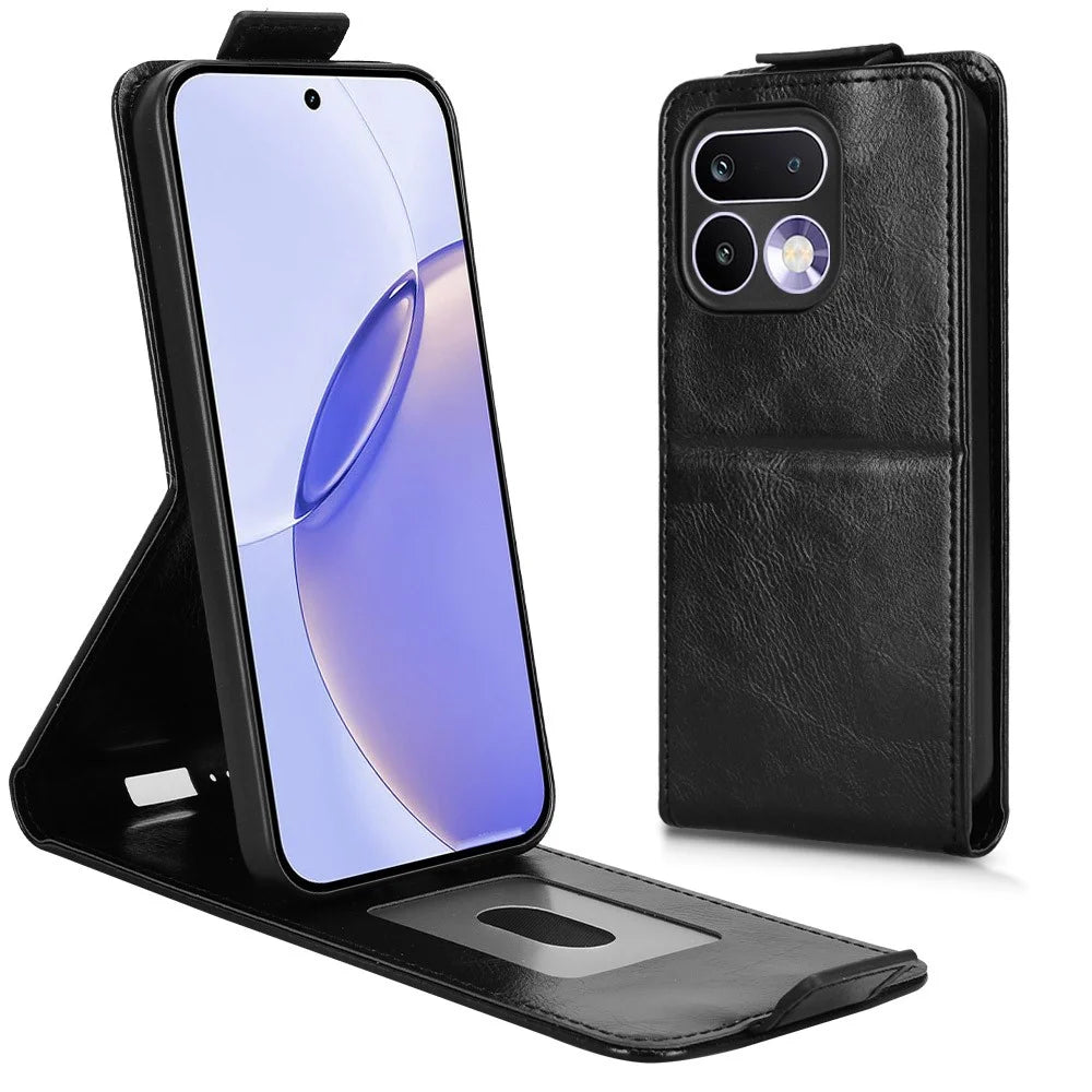For Realme 16 Pro+ 5G Stand Case Magnetic Clasp Vertical Flip Leather Phone Cover with Card Holder - Black - 1