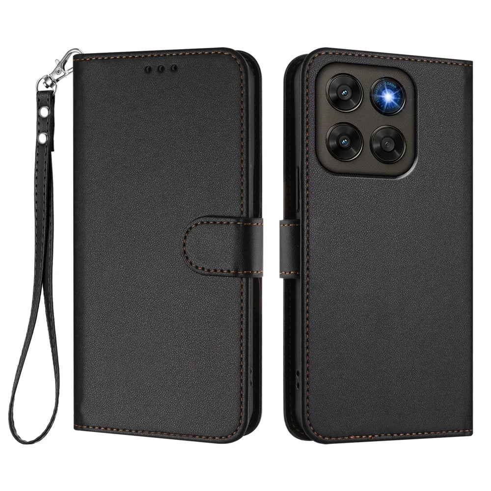Leather Case For Motorola Moto G87 5G / G77 5G / G67 5G Wallet Stand Phone Cover with Wrist Strap - Black - 1