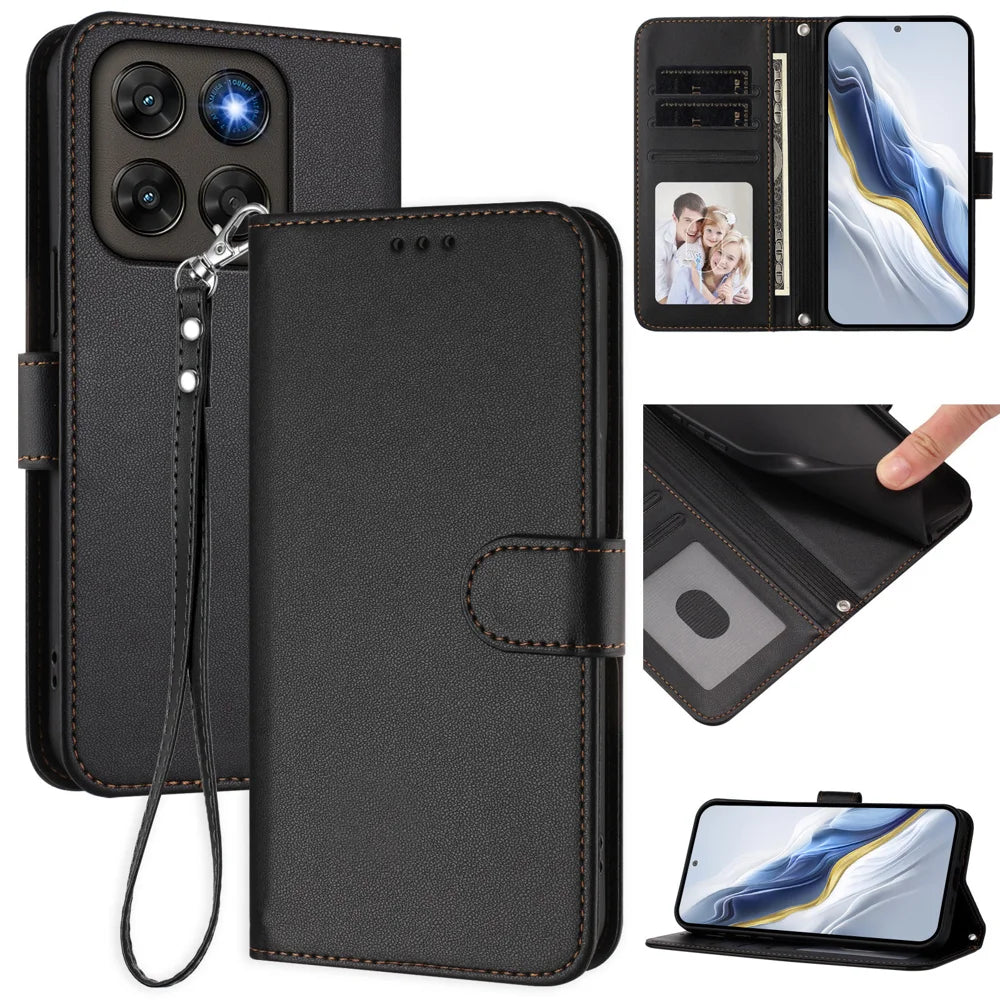 Leather Case For Motorola Moto G87 5G / G77 5G / G67 5G Wallet Stand Phone Cover with Wrist Strap - Black - 2