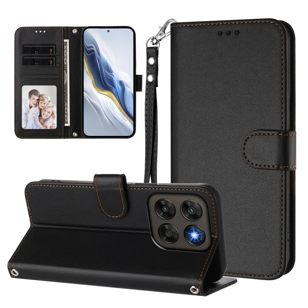 Leather Case For Motorola Moto G87 5G / G77 5G / G67 5G Wallet Stand Phone Cover with Wrist Strap - Black - 3