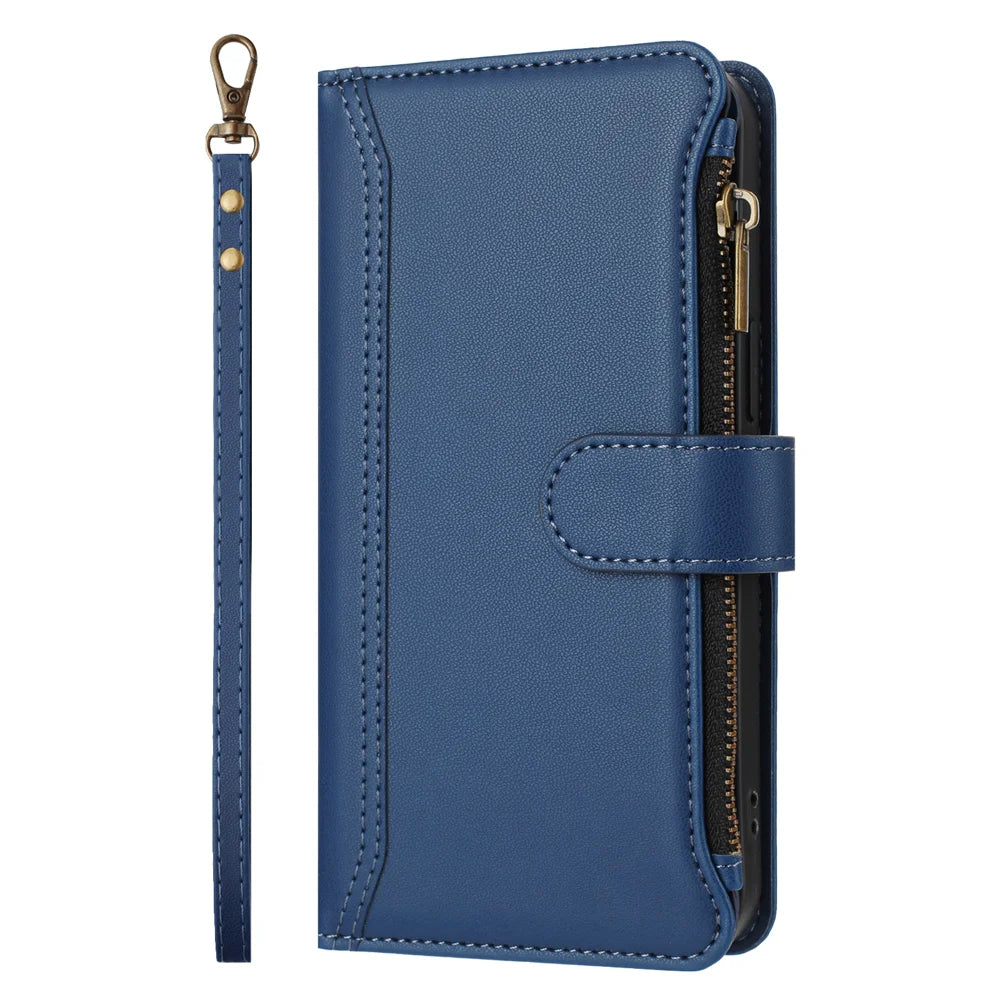 Leather Case For Motorola Moto G87 5G / G77 5G / G67 5G 9 Card Slots Zipper Wallet Stand Phone Cover with Wrist Strap - Dark Blue - 5