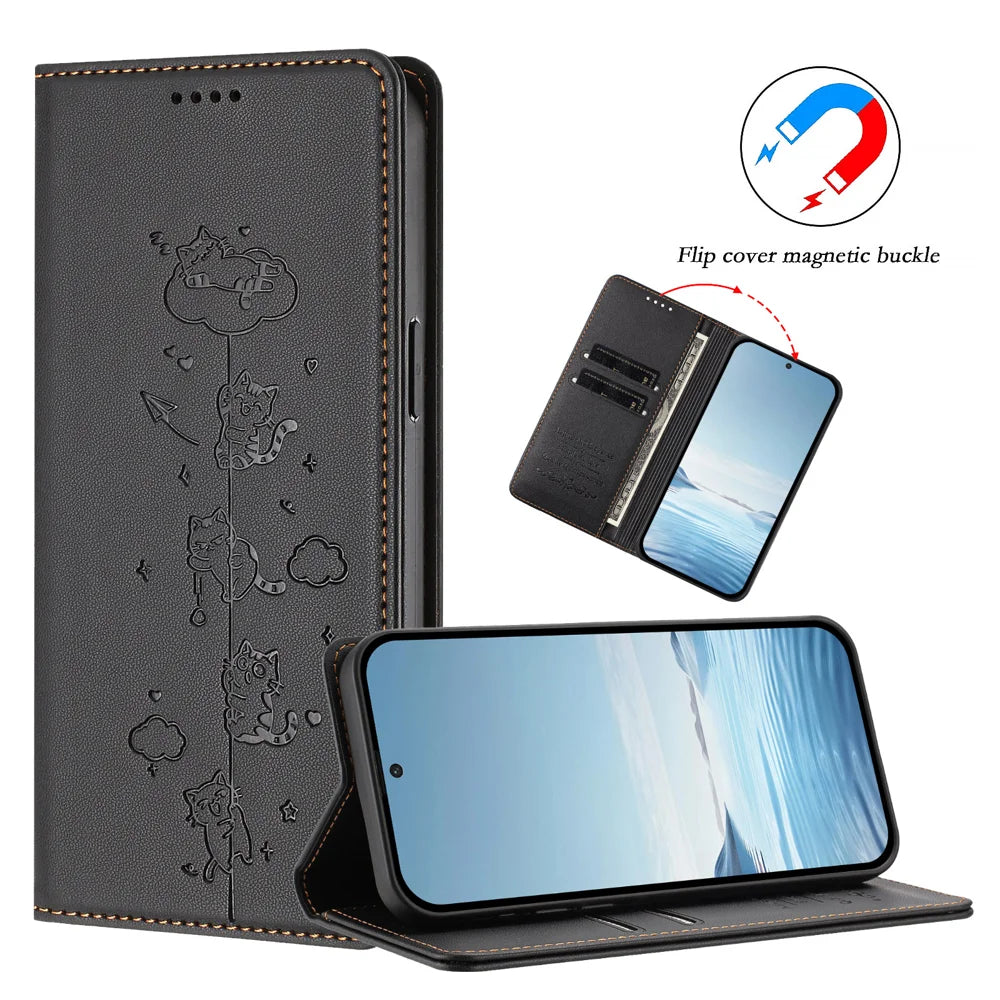 RFID Blocking Case For Motorola Moto G87 5G / G77 5G / G67 5G Case RFID Blocking Wallet Stand Imprinted Cat Pattern Leather Phone Cover - Black - 5