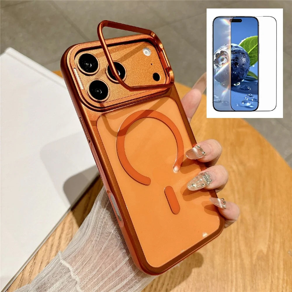 For iPhone 17 Pro Magnetic Case with Tempered Glass Screen Protector Lens Kickstand Electroplated Phone Cover Compatible with MagSafe - Orange - 1