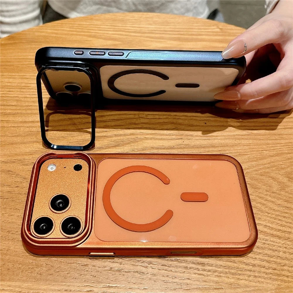 For iPhone 17 Pro Magnetic Case with Tempered Glass Screen Protector Lens Kickstand Electroplated Phone Cover Compatible with MagSafe - Orange - 2