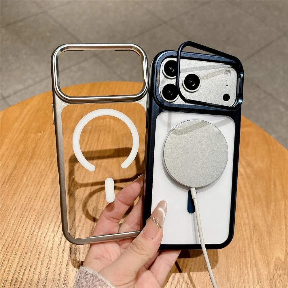 For iPhone 17 Pro Magnetic Case with Tempered Glass Screen Protector Lens Kickstand Electroplated Phone Cover Compatible with MagSafe - Orange - 3