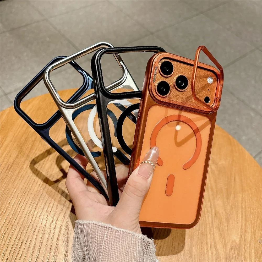 For iPhone 17 Pro Magnetic Case with Tempered Glass Screen Protector Lens Kickstand Electroplated Phone Cover Compatible with MagSafe - Orange - 7