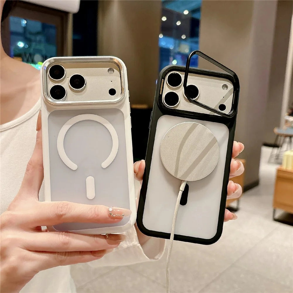 For iPhone 17 Pro Max Magnetic Case with Tempered Glass Screen Protector Lens Kickstand Frosted Shockproof Cover - Orange - 7