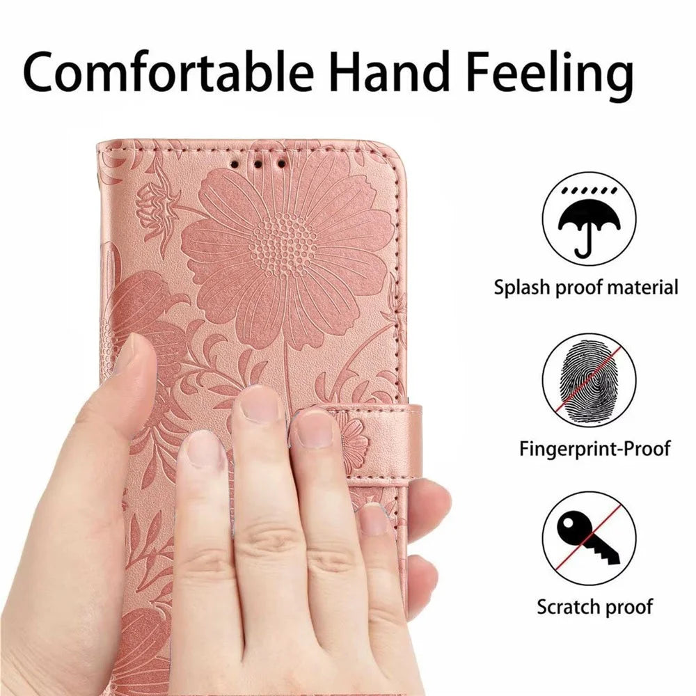 Wallet Case For Samsung Galaxy A18 5G / A18 4G / A17 5G / A17 4G Imprint Floral PU Leather Stand Flip Phone Cover with Wrist Strap - Rose Gold - 6