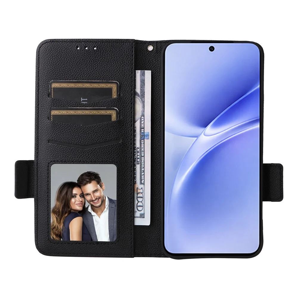 For vivo V70 FE 5G Litchi Texture Wallet Leather Phone Cover with Wrist Strap - Black - 2