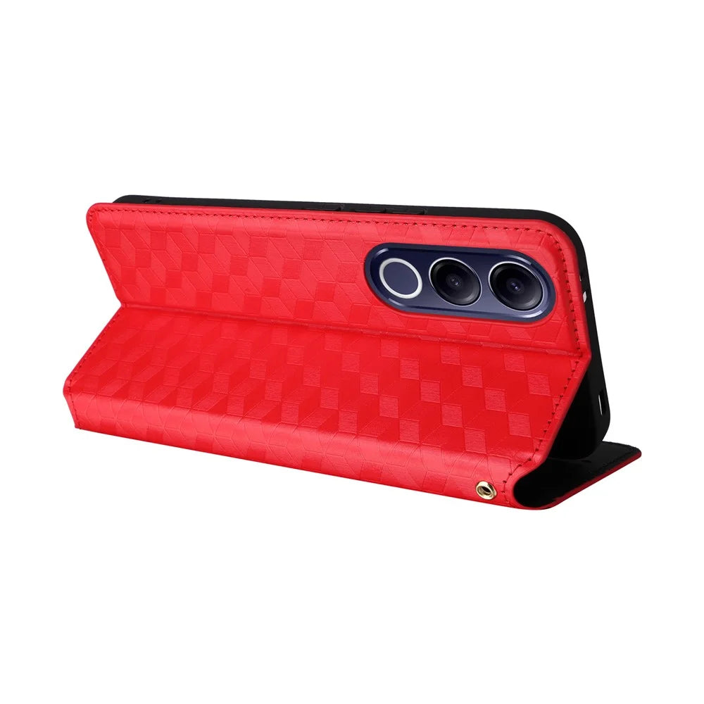 For vivo V70 FE 5G Case Wallet Rhombus Imprinted PU Leather Phone Cover - Red - 5