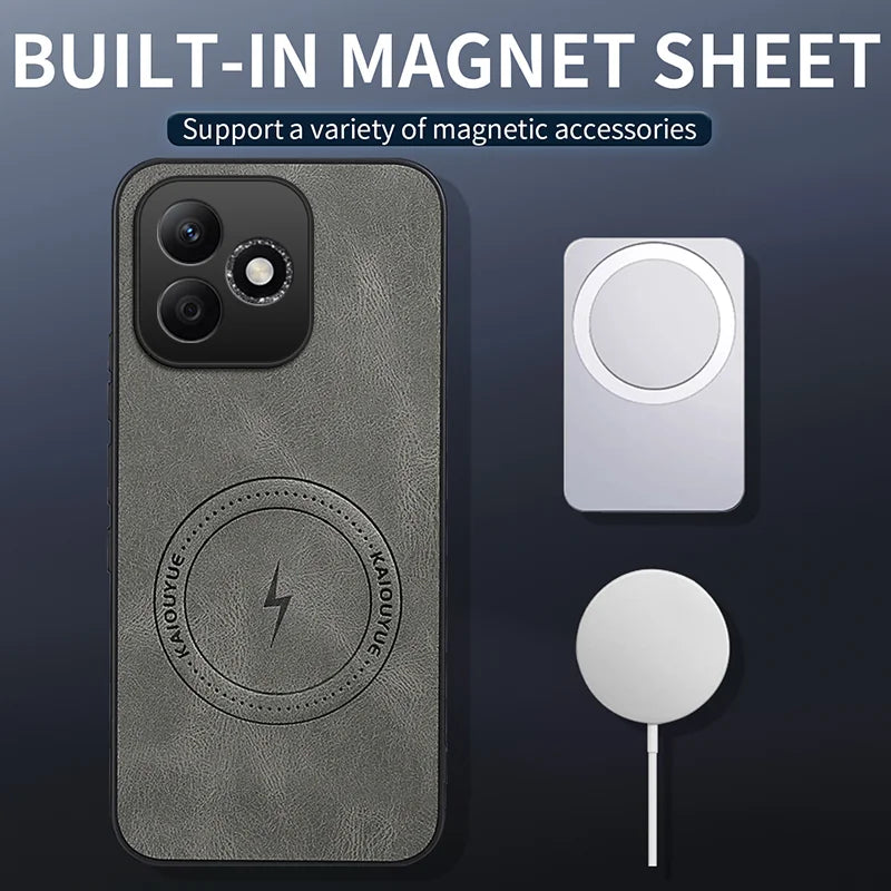 WANLONFENG For Honor 600 Lite 5G SD Series Magnetic Case Nappa Texture PC TPU Phone Cover with 2Pcs Screen Film - Grey - 2