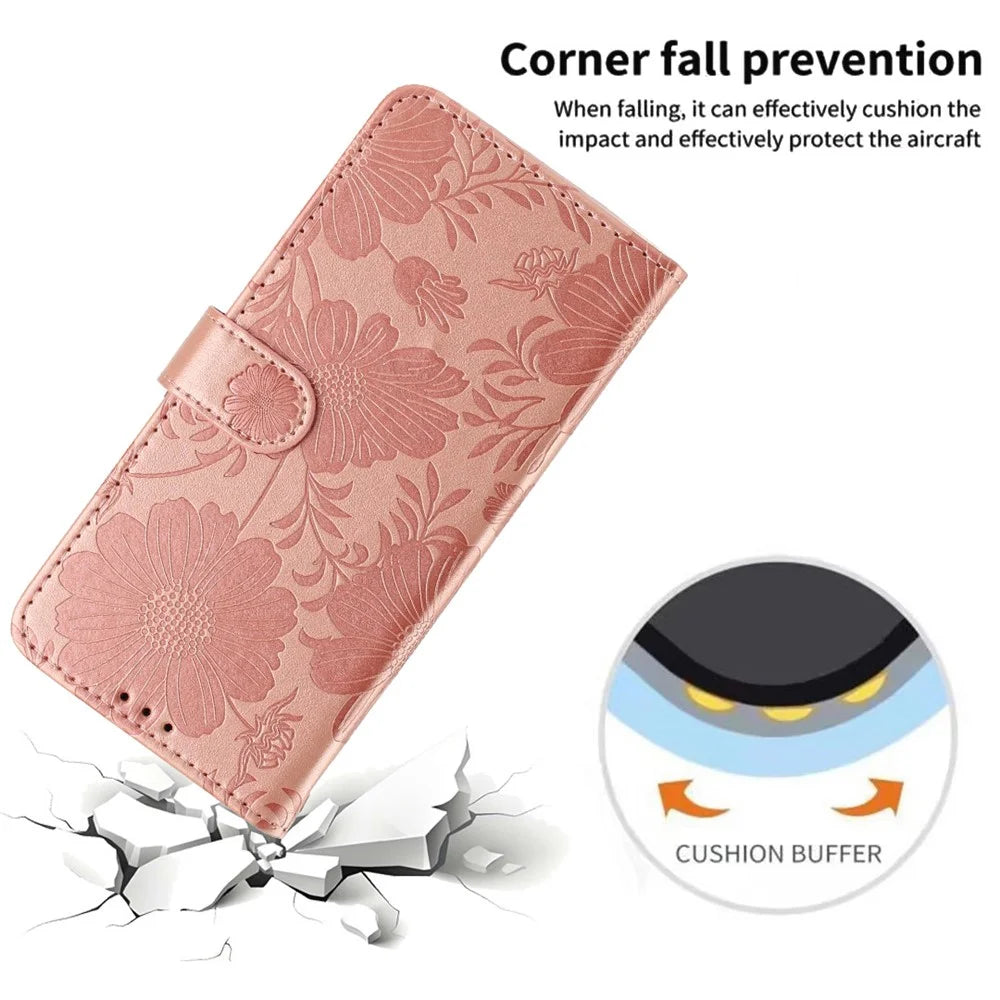 For Samsung Galaxy S25 Ultra Wallet Case Imprint Floral PU Leather Stand Flip Phone Cover with Wrist Strap - Rose Gold - 6