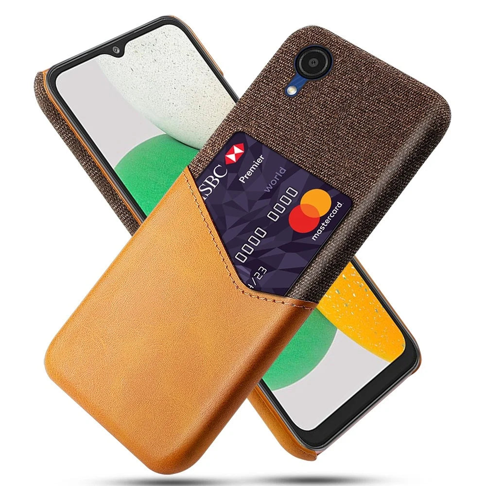 For Samsung Galaxy A23e Shockproof Cloth Texture Phone Case PU Leather Coated PC Scratch-resistant Cell Phone Cover with Card Slot - Orange - 1