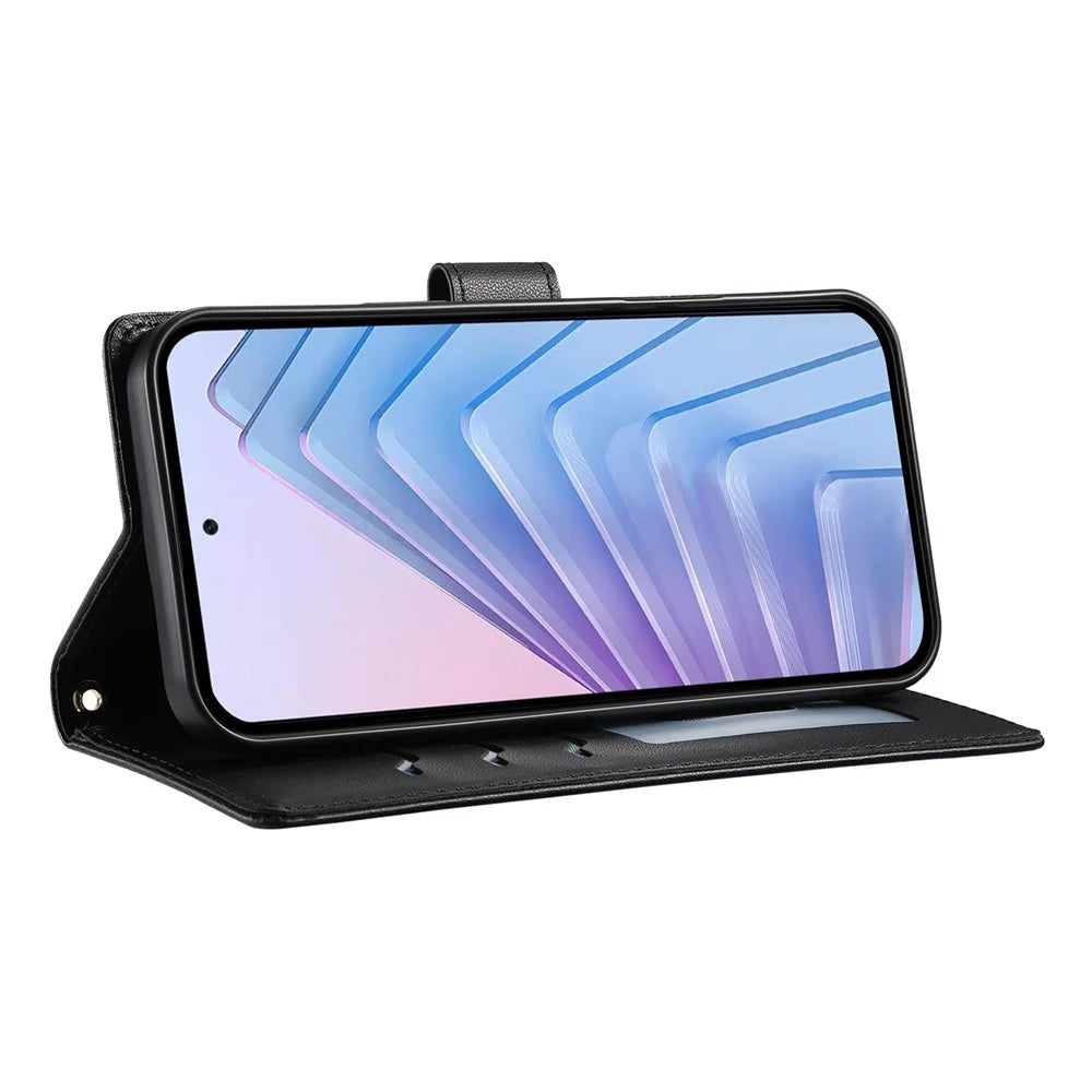 For Realme 16 Pro+ 5G Wallet Case Rhombus Stitching Stand Leather Phone Cover with Long  /  Short Strap - Black - 2