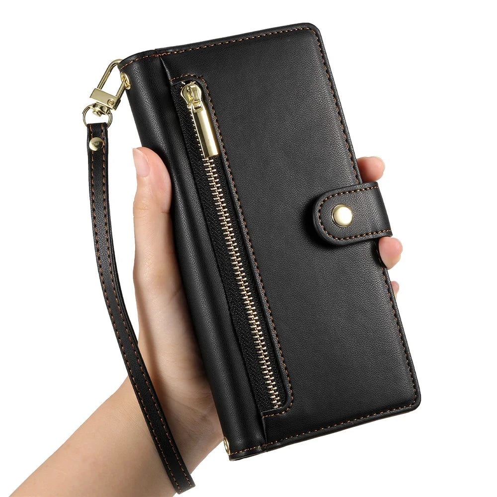 For Realme 16 Pro+ 5G Leather Case Zipper Pocket Wallet Phone Cover with Straps - Black - 6