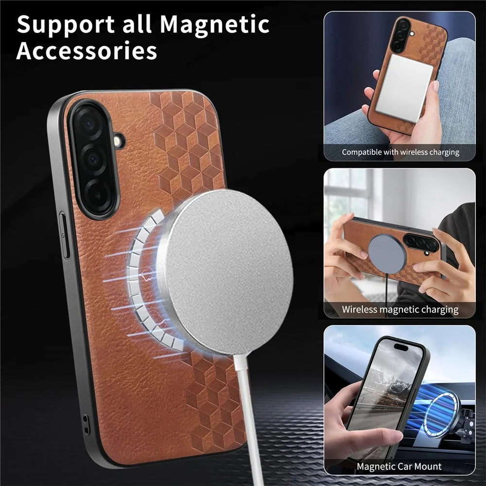 For Samsung Galaxy S26 Magnetic Phone Case with Grid Pattern Protective PU Leather + PC Cover - Brown - 6