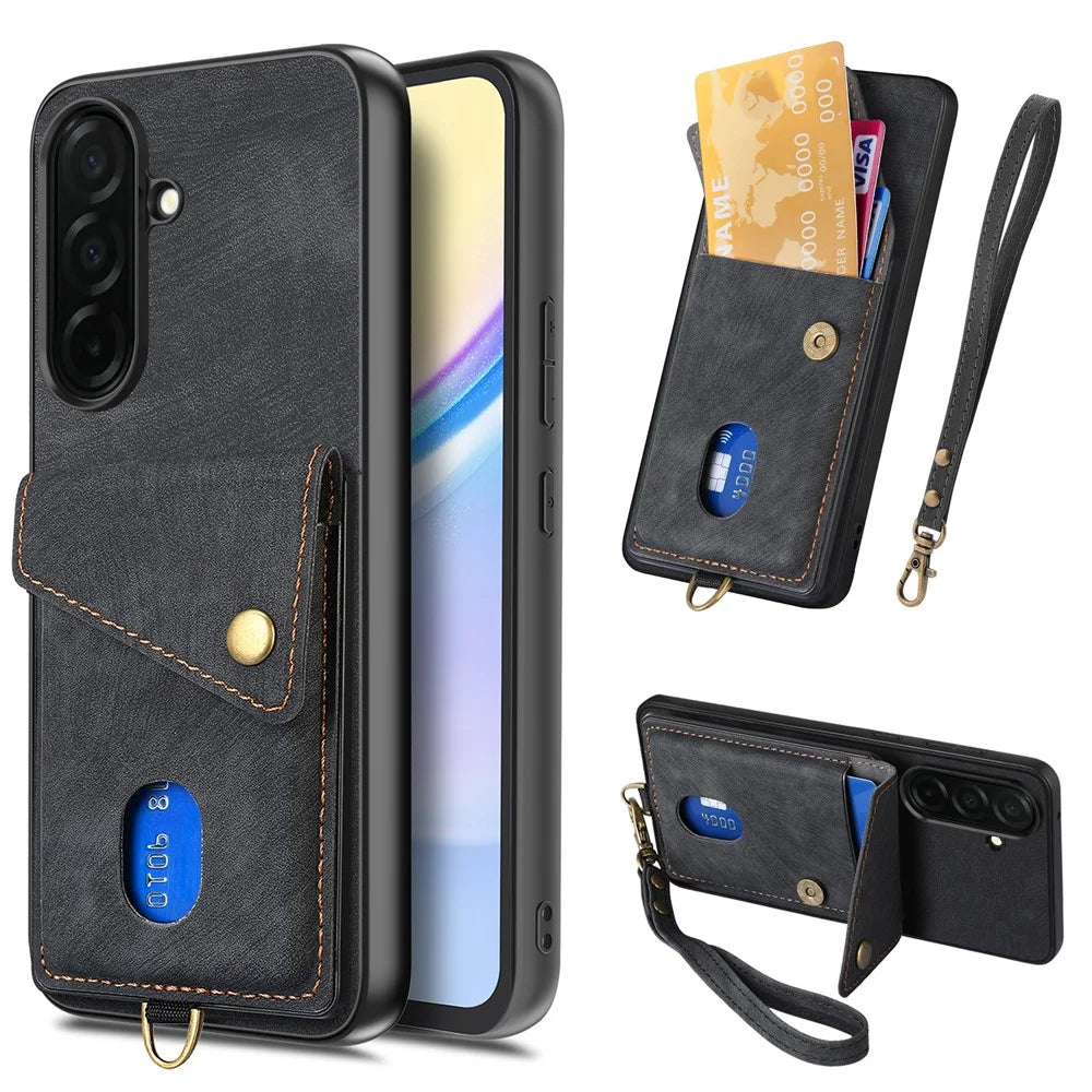 For Samsung Galaxy S26 Case with Card Holder Kickstand Leather Phone Back Cover - Black - 1