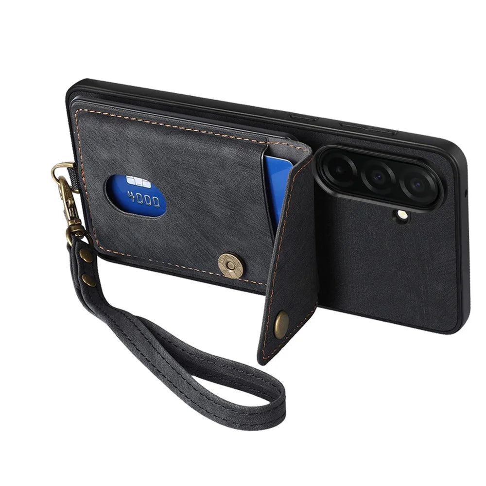 For Samsung Galaxy S26 Case with Card Holder Kickstand Leather Phone Back Cover - Black - 3