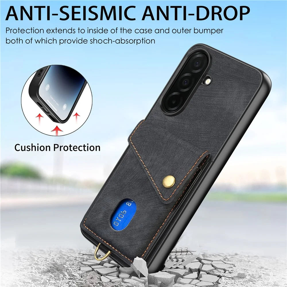 For Samsung Galaxy S26 Case with Card Holder Kickstand Leather Phone Back Cover - Black - 5