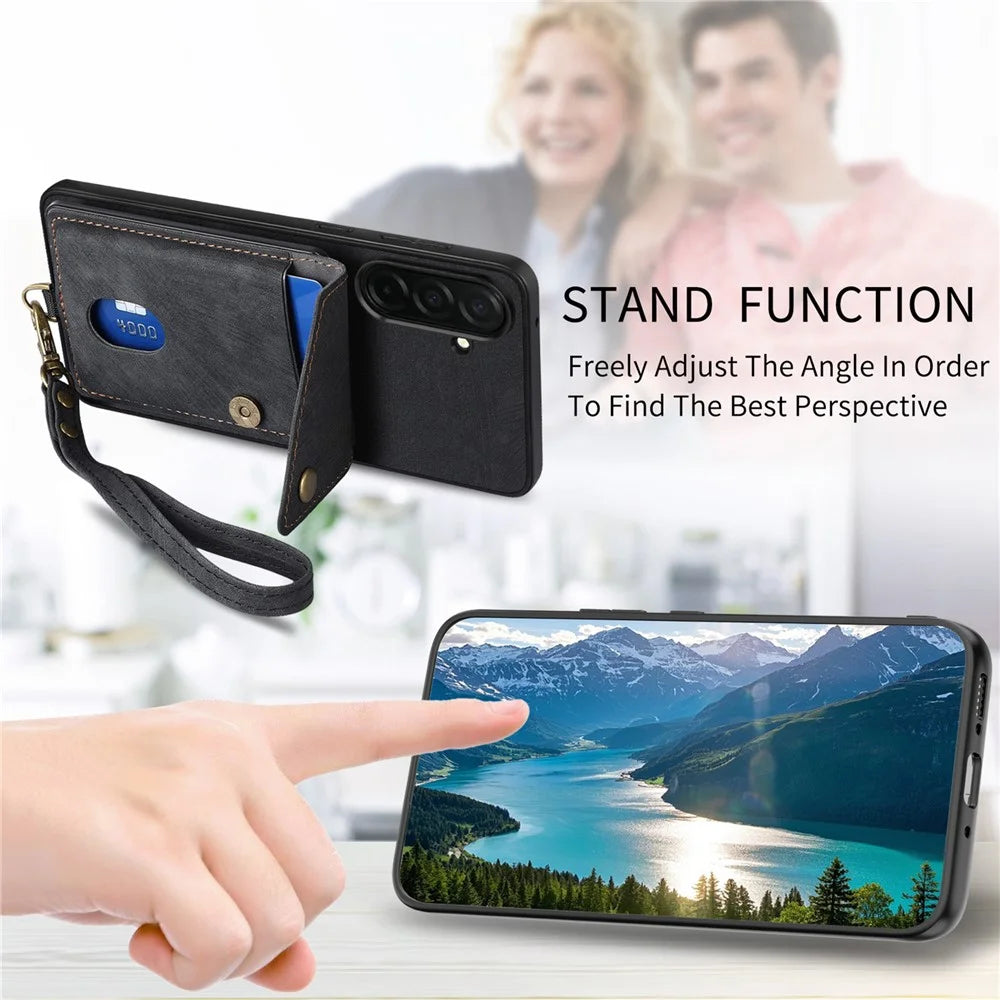 For Samsung Galaxy S26 Case with Card Holder Kickstand Leather Phone Back Cover - Black - 6