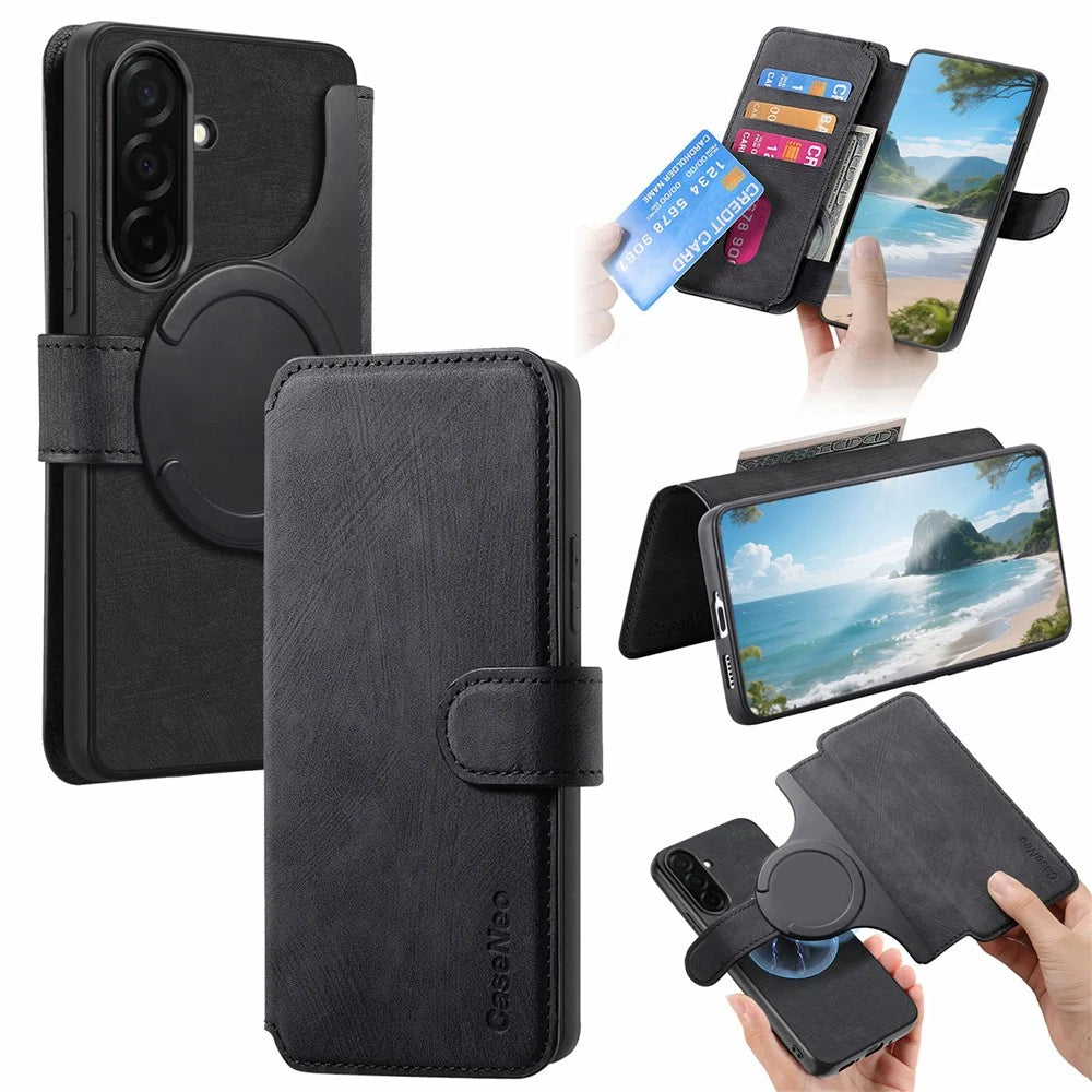 CASENEO MW-03 For Samsung Galaxy S26+ Magnetic Case Detachable Leather Phone Wallet Cover - Black - 1