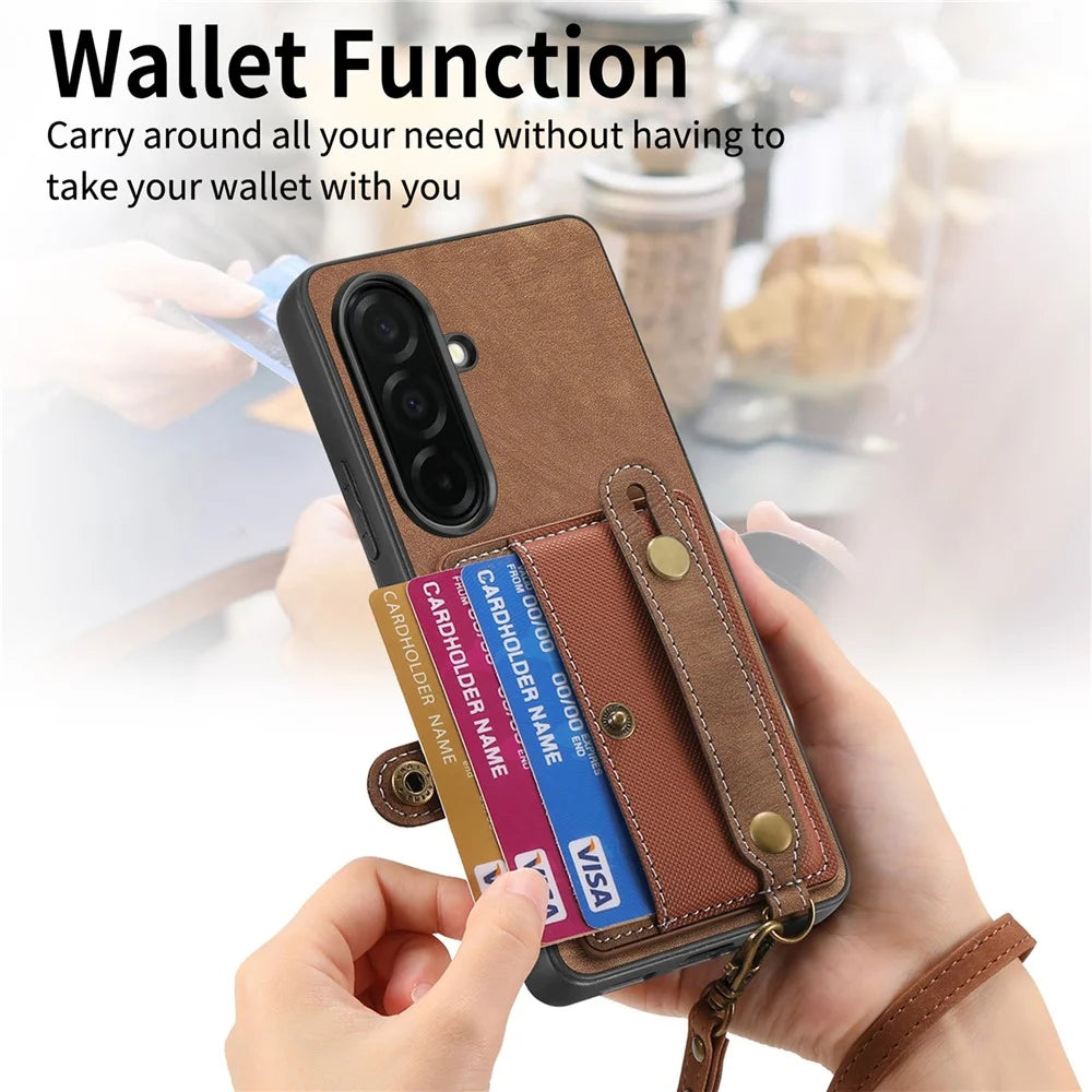 For Samsung Galaxy S26 Case Wristband Kickstand PU Leather Retro Back Cover Card Holder - Brown - 5