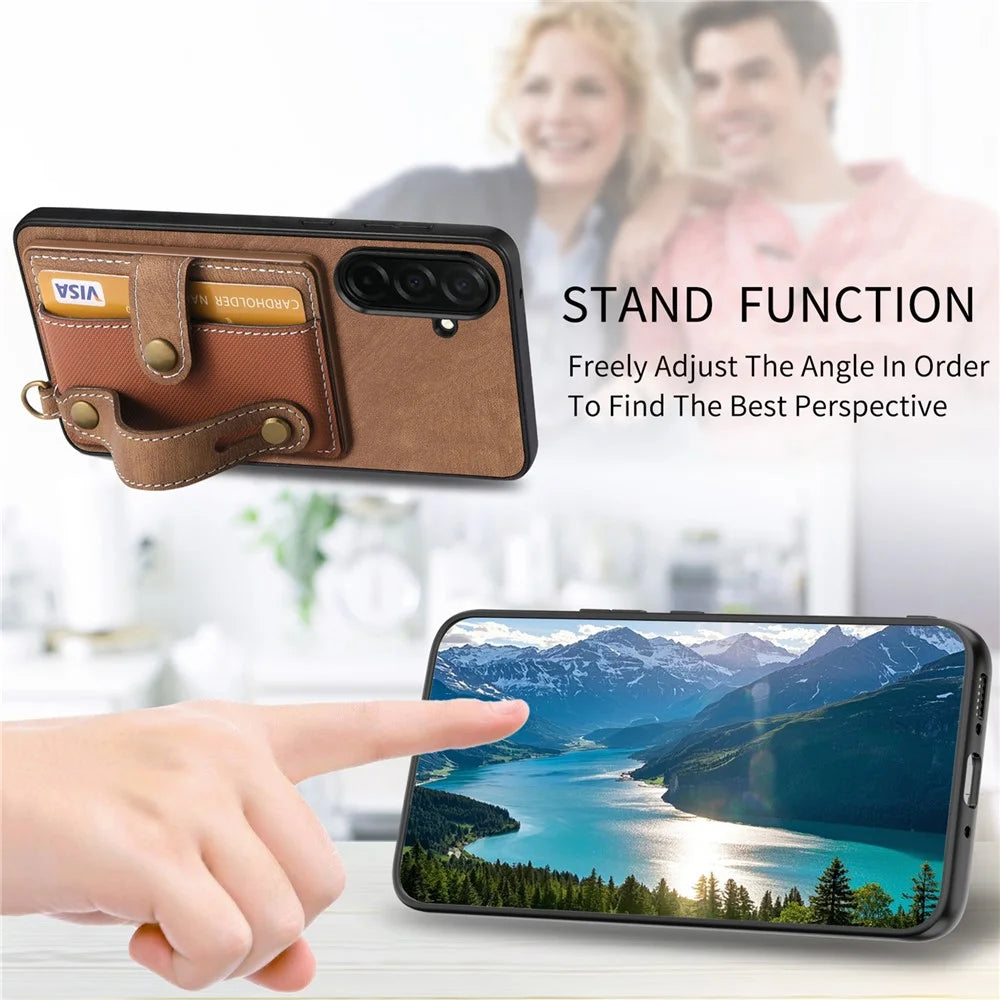 For Samsung Galaxy S26 Case Wristband Kickstand PU Leather Retro Back Cover Card Holder - Brown - 6