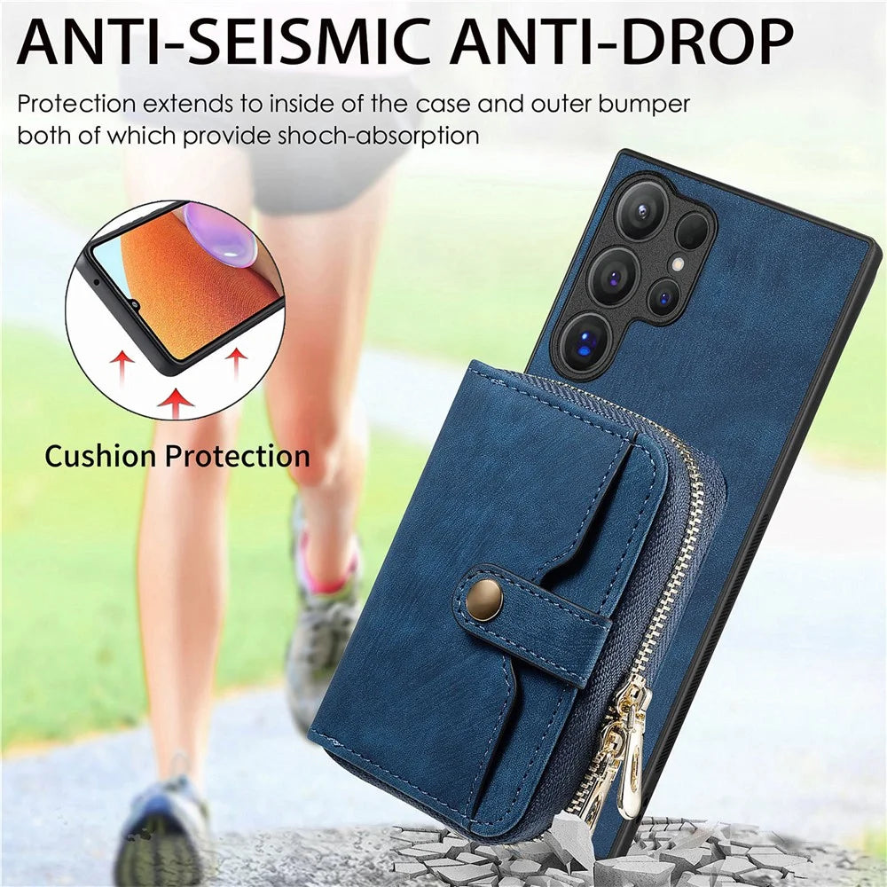 For Samsung Galaxy S26 Ultra PU Leather Phone Back Cover with Zipper Card Holder and Long Strap - Blue - 3