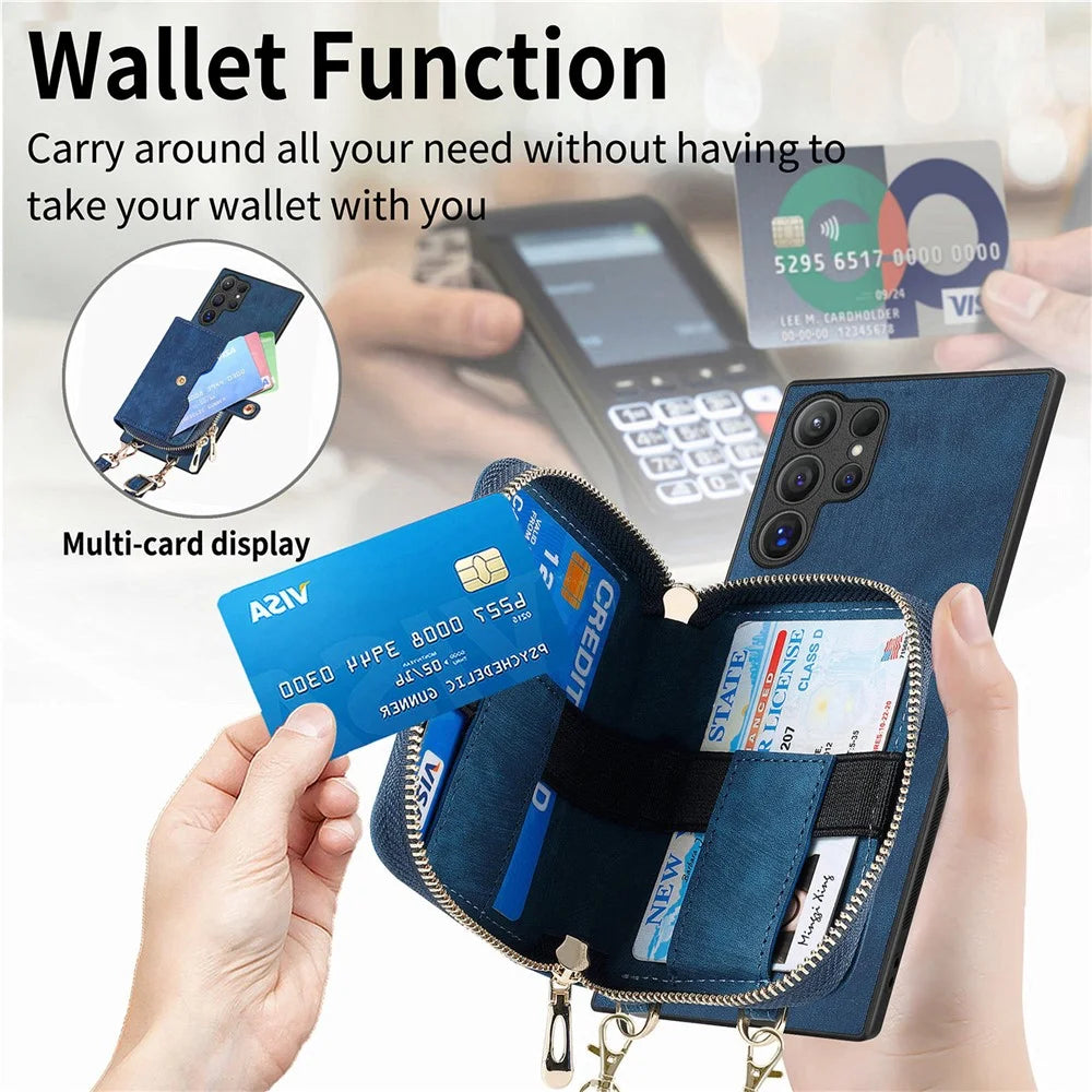 For Samsung Galaxy S26 Ultra PU Leather Phone Back Cover with Zipper Card Holder and Long Strap - Blue - 5