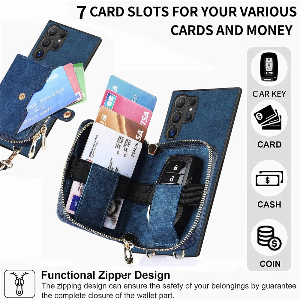 For Samsung Galaxy S26 Ultra PU Leather Phone Back Cover with Zipper Card Holder and Long Strap - Blue - 6