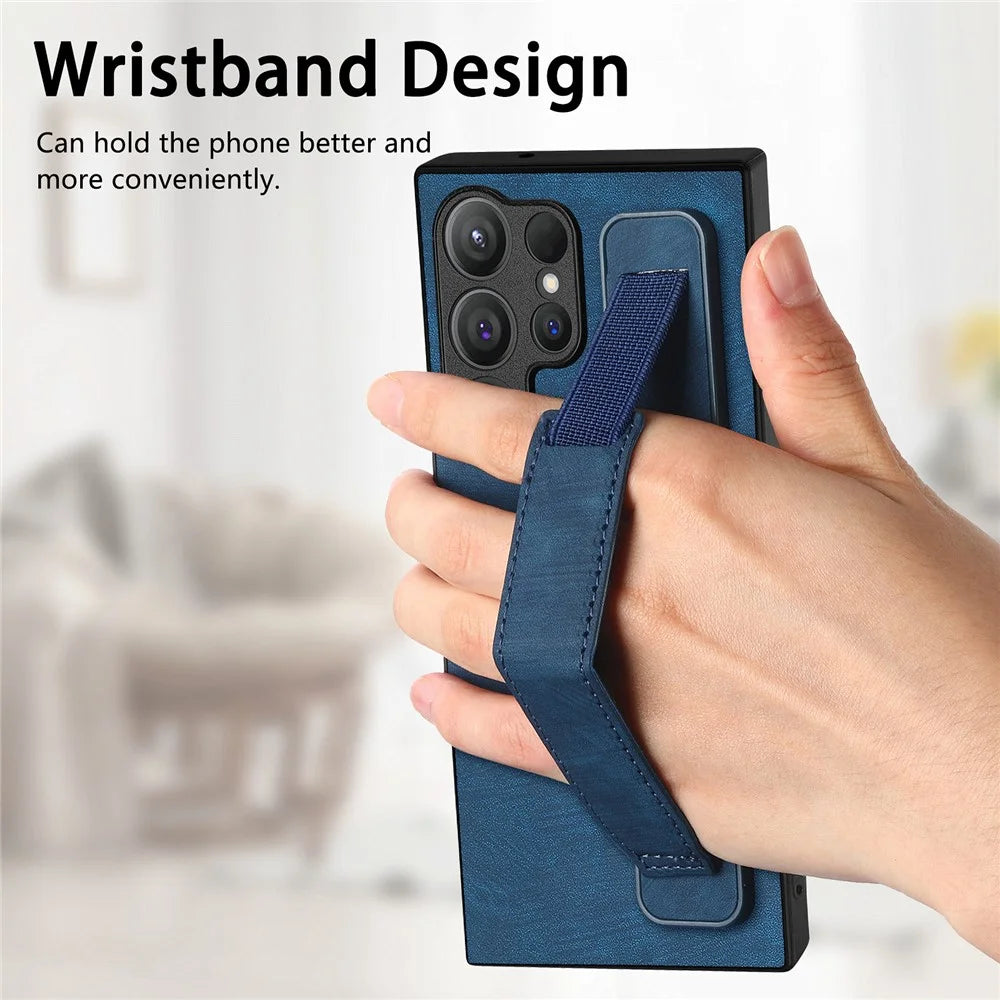 For Samsung Galaxy S26 Ultra Case with Wristband Kickstand Leather + TPU Phone Cover - Blue - 6