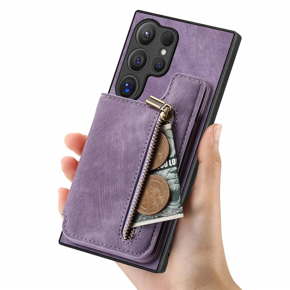 For Samsung Galaxy S26 Ultra Case with Zipper Card Holder Retro Leather TPU Phone Cover - Purple - 5