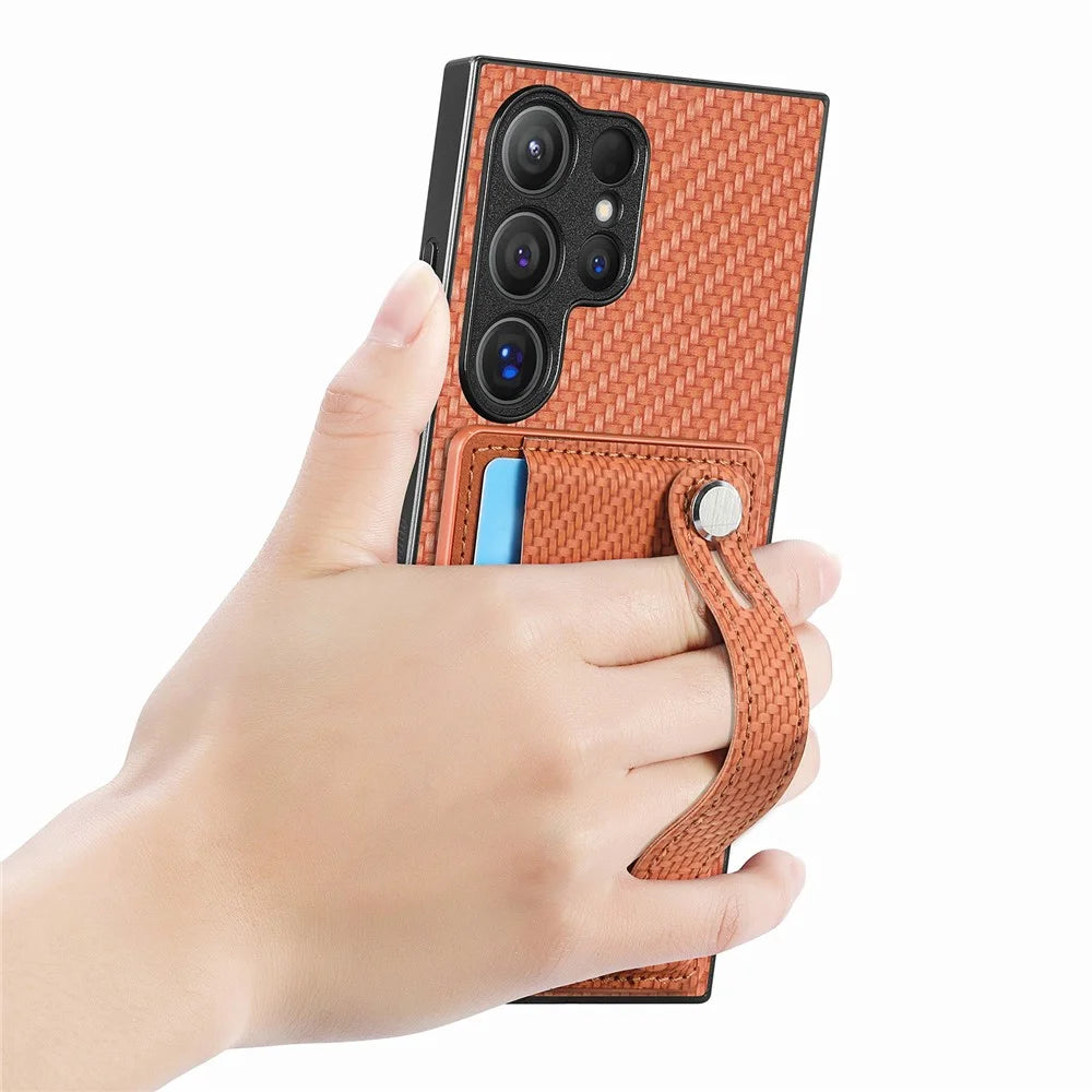 For Samsung Galaxy S26 Ultra Case Wristband Anti-Drop Leather Back Cover Card Holder - Brown - 4