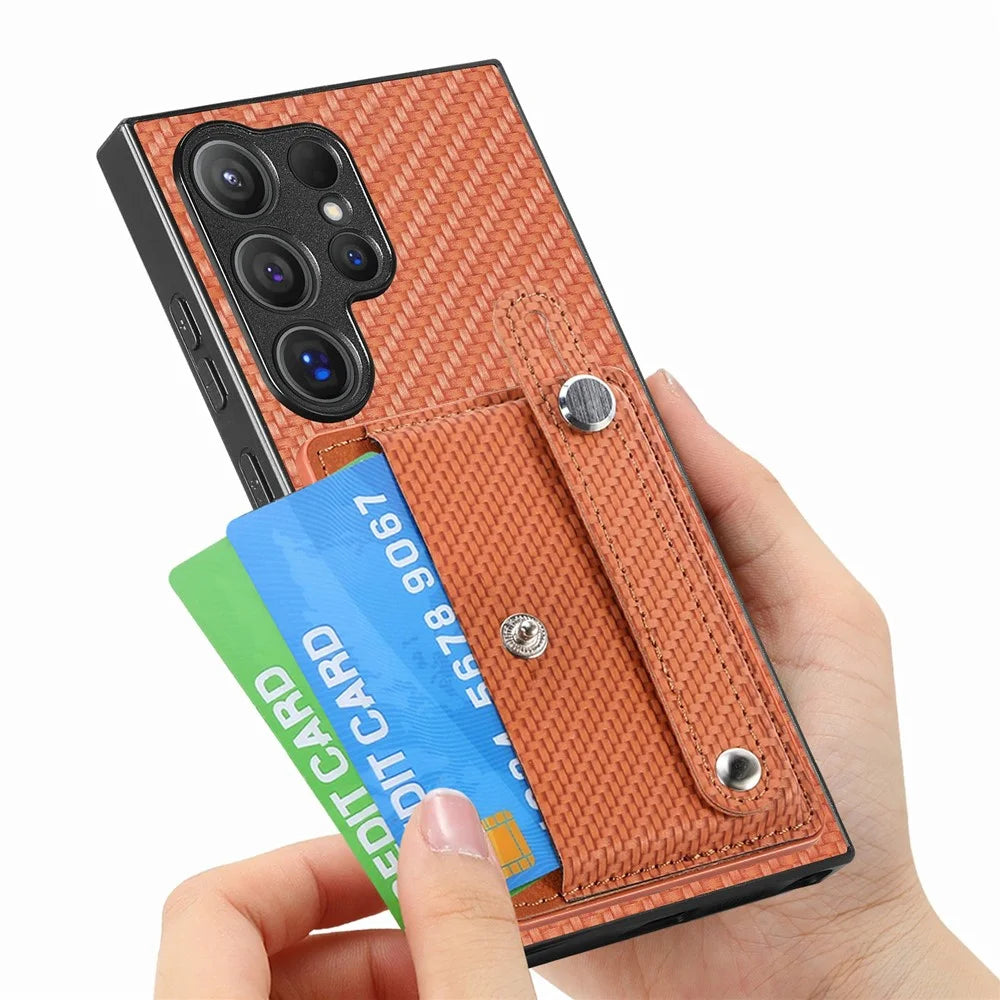 For Samsung Galaxy S26 Ultra Case Wristband Anti-Drop Leather Back Cover Card Holder - Brown - 5