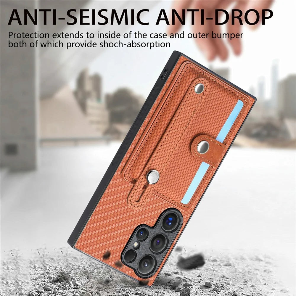For Samsung Galaxy S26 Ultra Case Wristband Anti-Drop Leather Back Cover Card Holder - Brown - 7