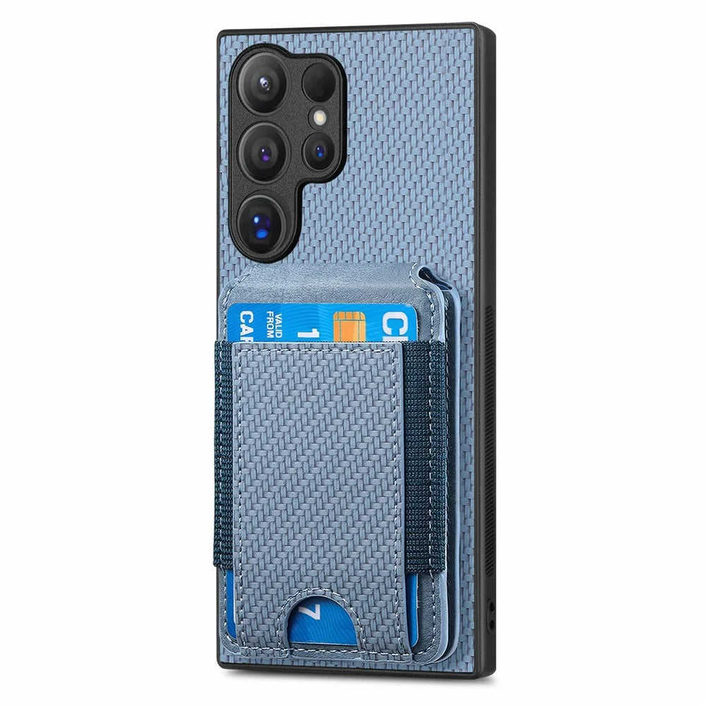 For Samsung Galaxy S26 Ultra Phone Case Fiber Texture Flip Card Holder Kickstand Leather Back Cover - Blue - 2