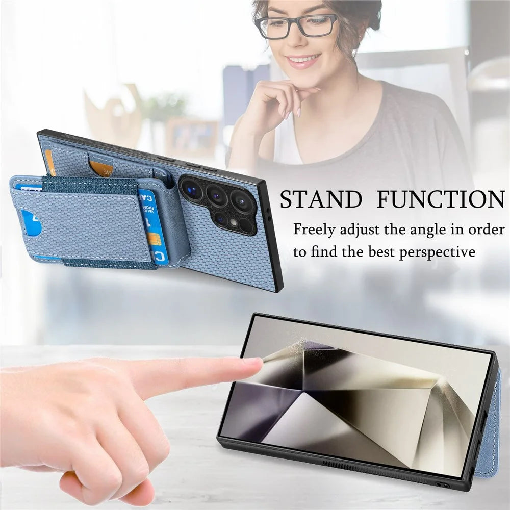 For Samsung Galaxy S26 Ultra Phone Case Fiber Texture Flip Card Holder Kickstand Leather Back Cover - Blue - 6