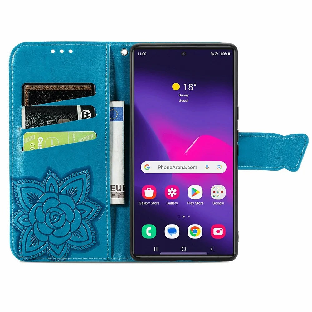 For Samsung Galaxy S26 Ultra Case with Strap Butterfly Pattern PU Leather Wallet Phone Cover - Blue - 2
