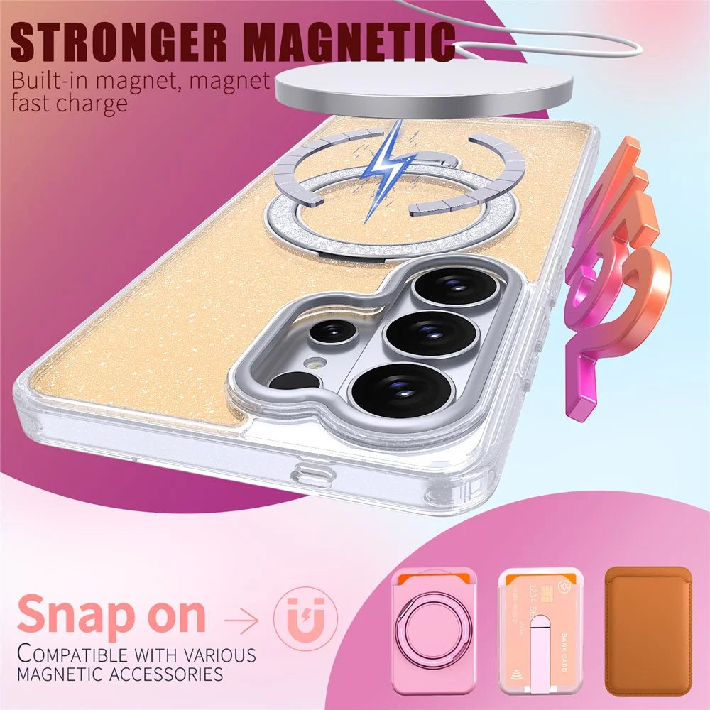 For Samsung Galaxy S26 Ultra Magnetic Case Ring Kickstand TPU PC 2 in 1 Epoxy Glitter Phone Cover - Orange Glitter - 4