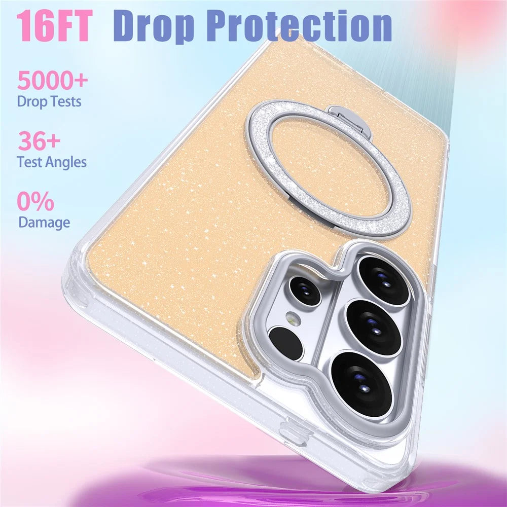 For Samsung Galaxy S26 Ultra Magnetic Case Ring Kickstand TPU PC 2 in 1 Epoxy Glitter Phone Cover - Orange Glitter - 5