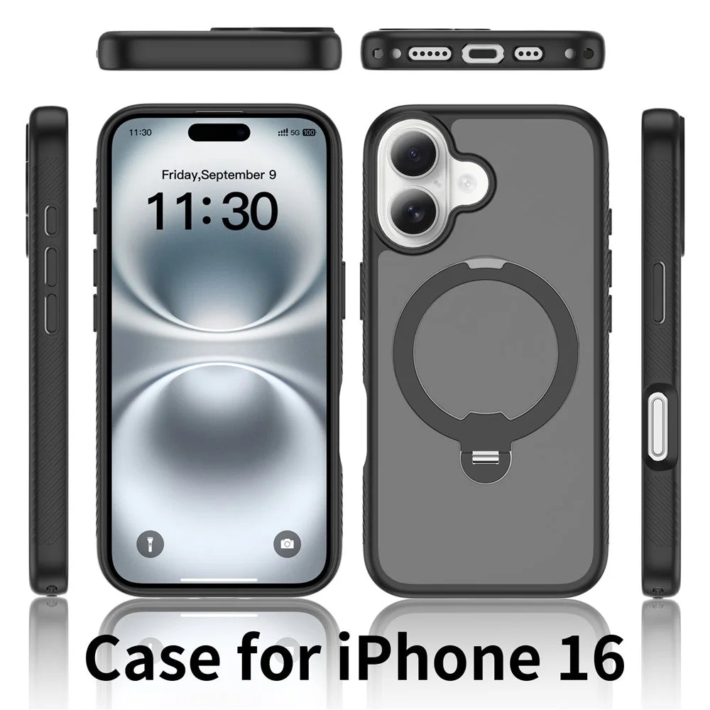 For iPhone 16 Magnetic Case Compatible with MagSafe Rotary Kickstand PC + TPU Shockproof Phone Cover - Black - 2