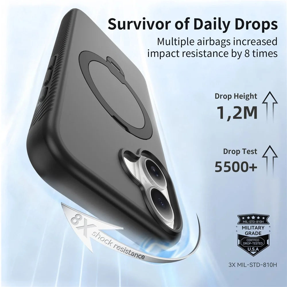 For iPhone 16 Magnetic Case Compatible with MagSafe Rotary Kickstand PC + TPU Shockproof Phone Cover - Black - 3